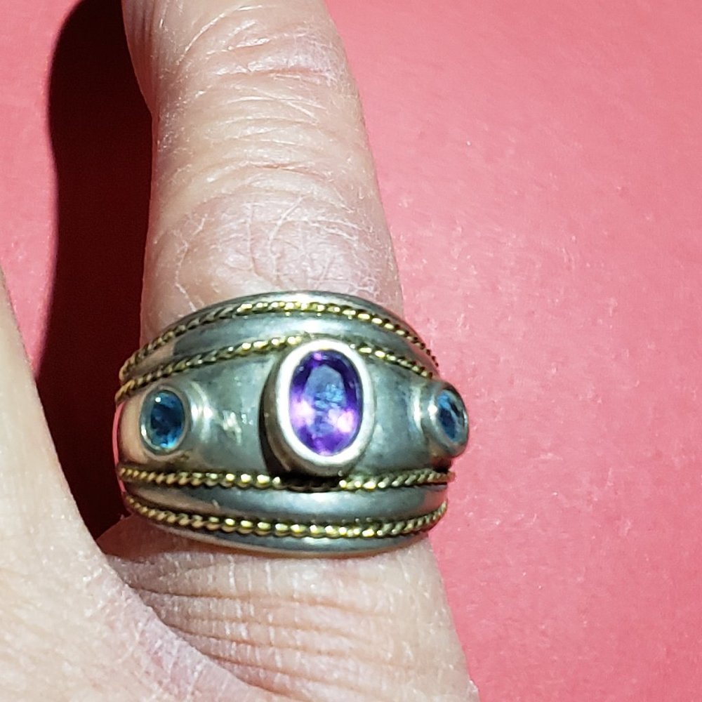 Vintage 925 14K Gold Over Purple Amethyst & Aquamarine Ring